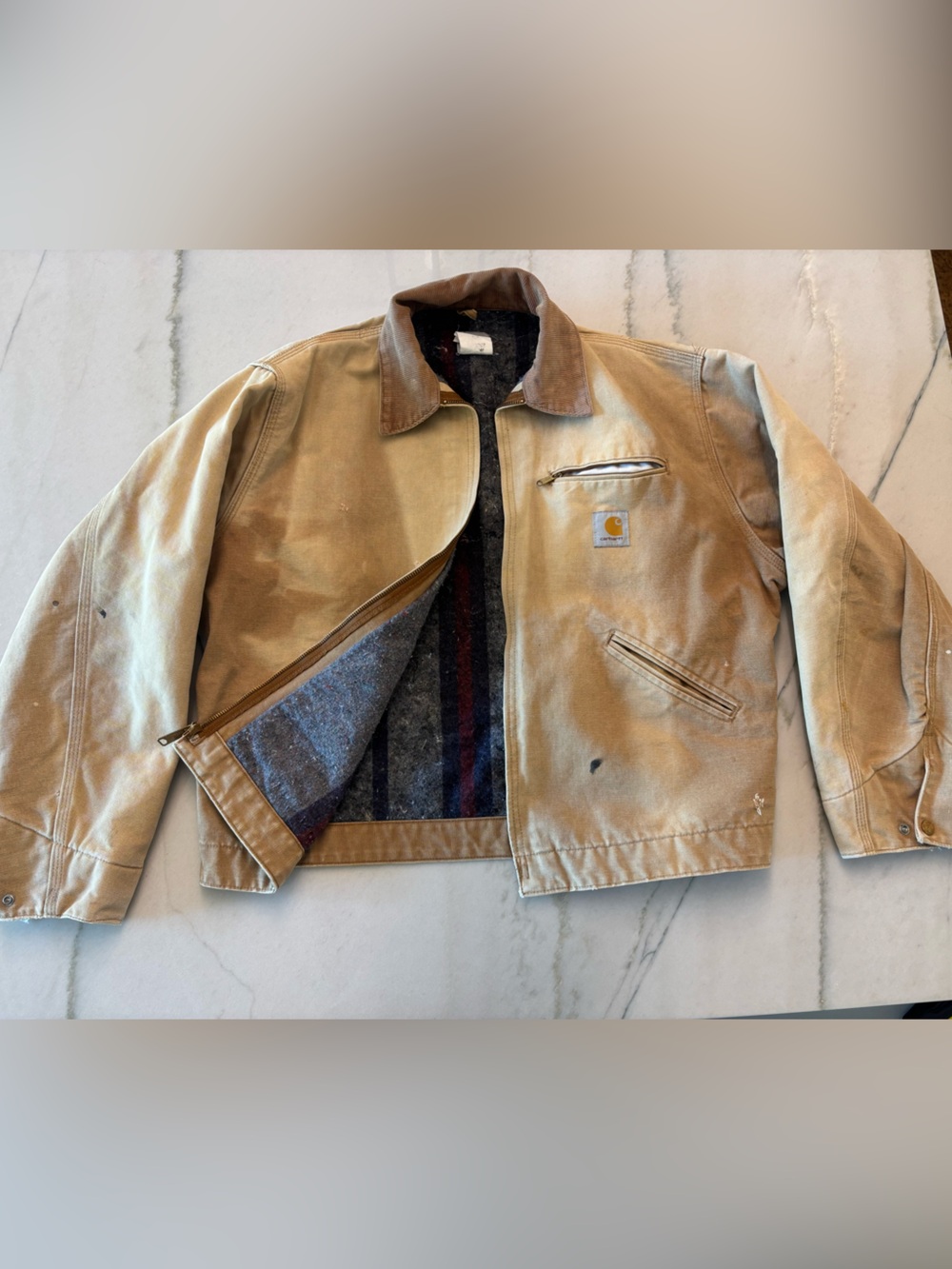 Vintage Carhartt Detroit Jacket Blanket Lined Tan Corduroy Collar Distressed XL